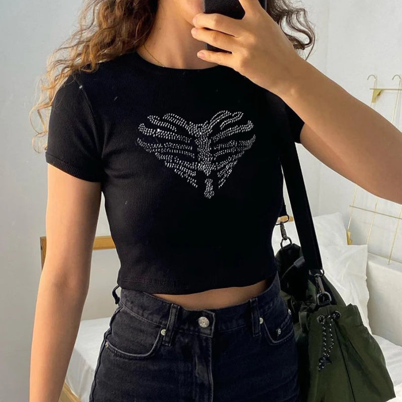 Riley - Crop top s motýlím potiskem a kulatým výstřihem