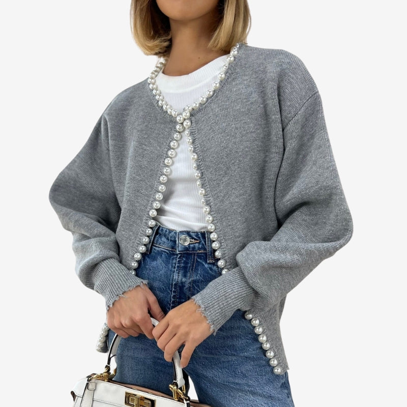 Amber – Long Sleeve Cardigan With Beaded Trim And Open Front