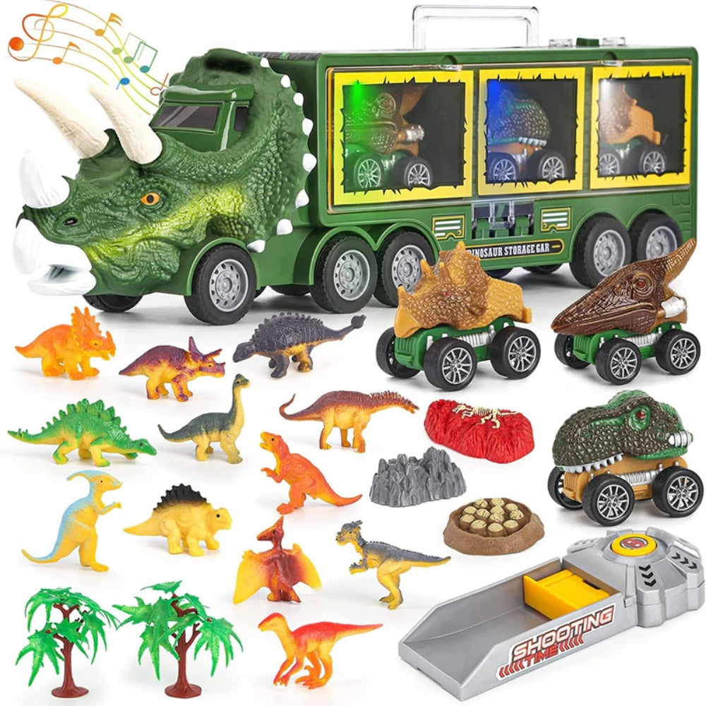 DinoHaul – Zabawka ciężarówka transportowa dinozaurów z mini samochodzikami i efektami dźwiękowymi