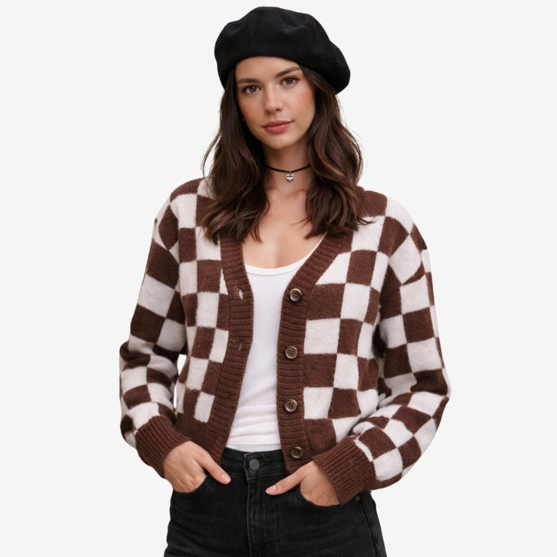 Hannah – Long Sleeve Geometric Pattern Cardigan With V Neck