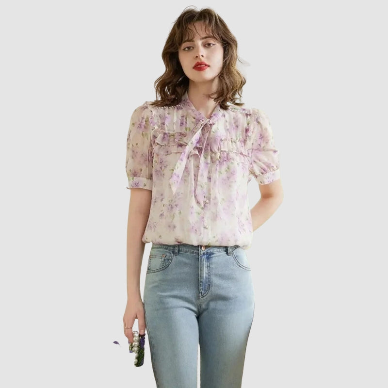 Emily – Short Sleeve Floral Blouse with Tie and Pearl Accents