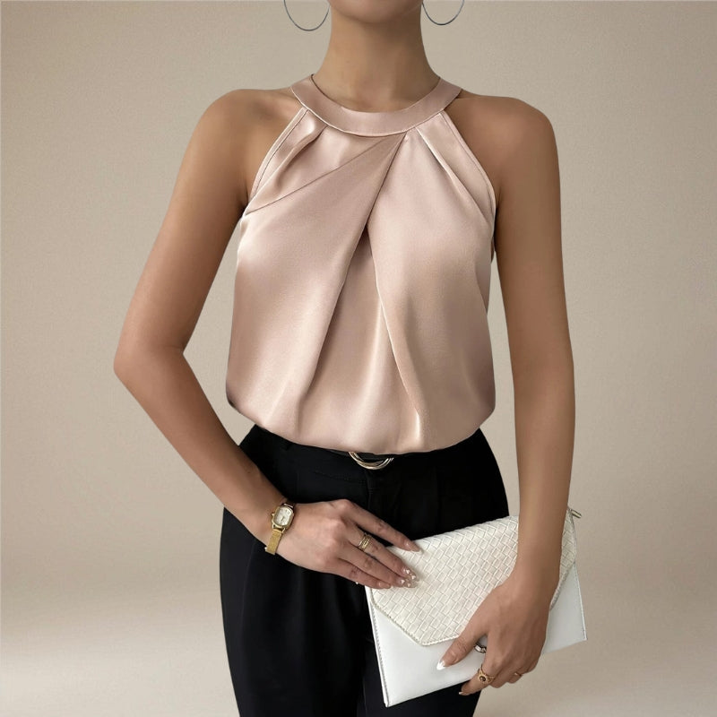 Blouse sans manches plissée drapée pour femme avec col rond