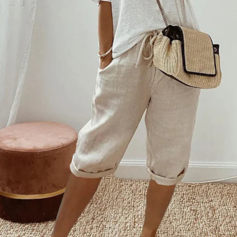 Pantaloni Capri pentru femei cu talie cu șnur ajustabil
