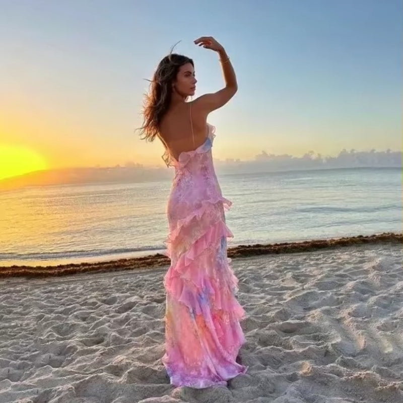 Selena – Maxi Dress with Floral Print and Backless Sleeveless Design