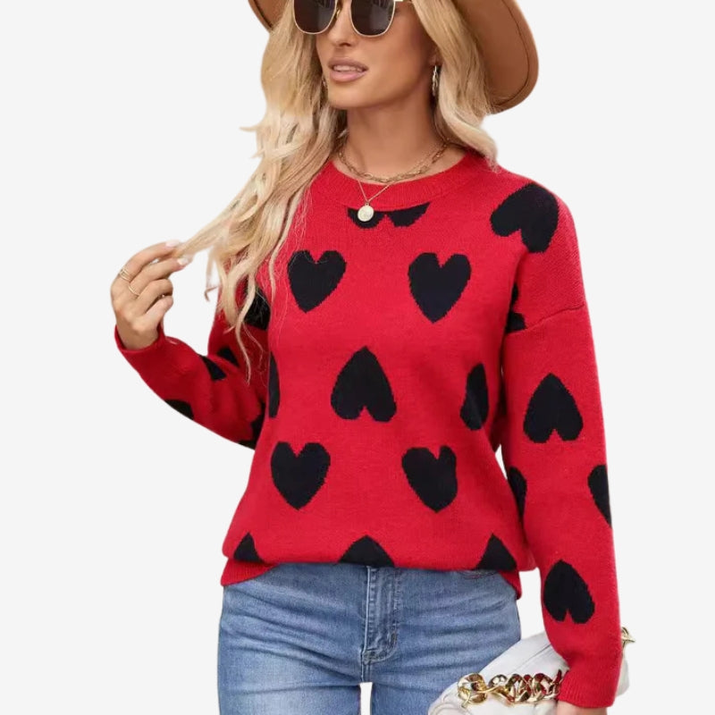 Taliah – Pulover cu mâneci lungi și model cu inimioare, guler rotund