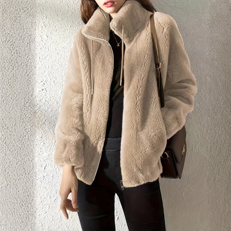 Giacca in pile da donna con collo alto e zip frontale