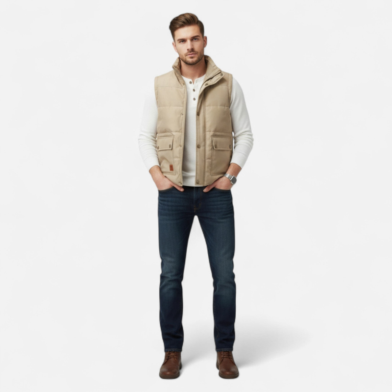 Men's Sleeveless Jacket with Button and Zip Closure