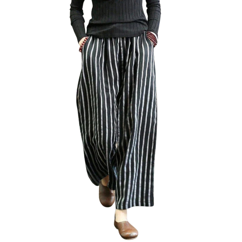 Raya – Pantaloni largi cu dungi, buzunare laterale și croială lejeră