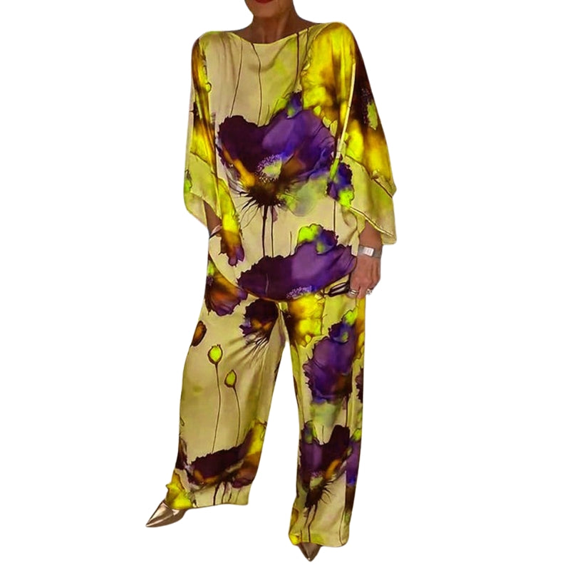 Alina – Casual Two-Piece Satin Set with Round Neck and Floral Print