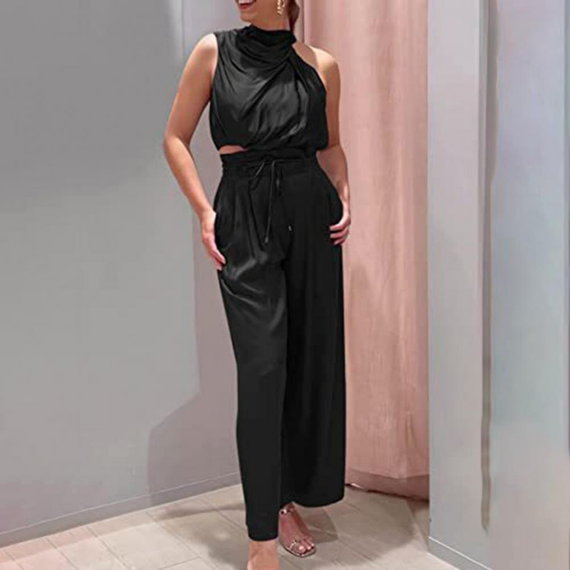 Set damă cu bluză cu guler înalt și pantaloni evazați