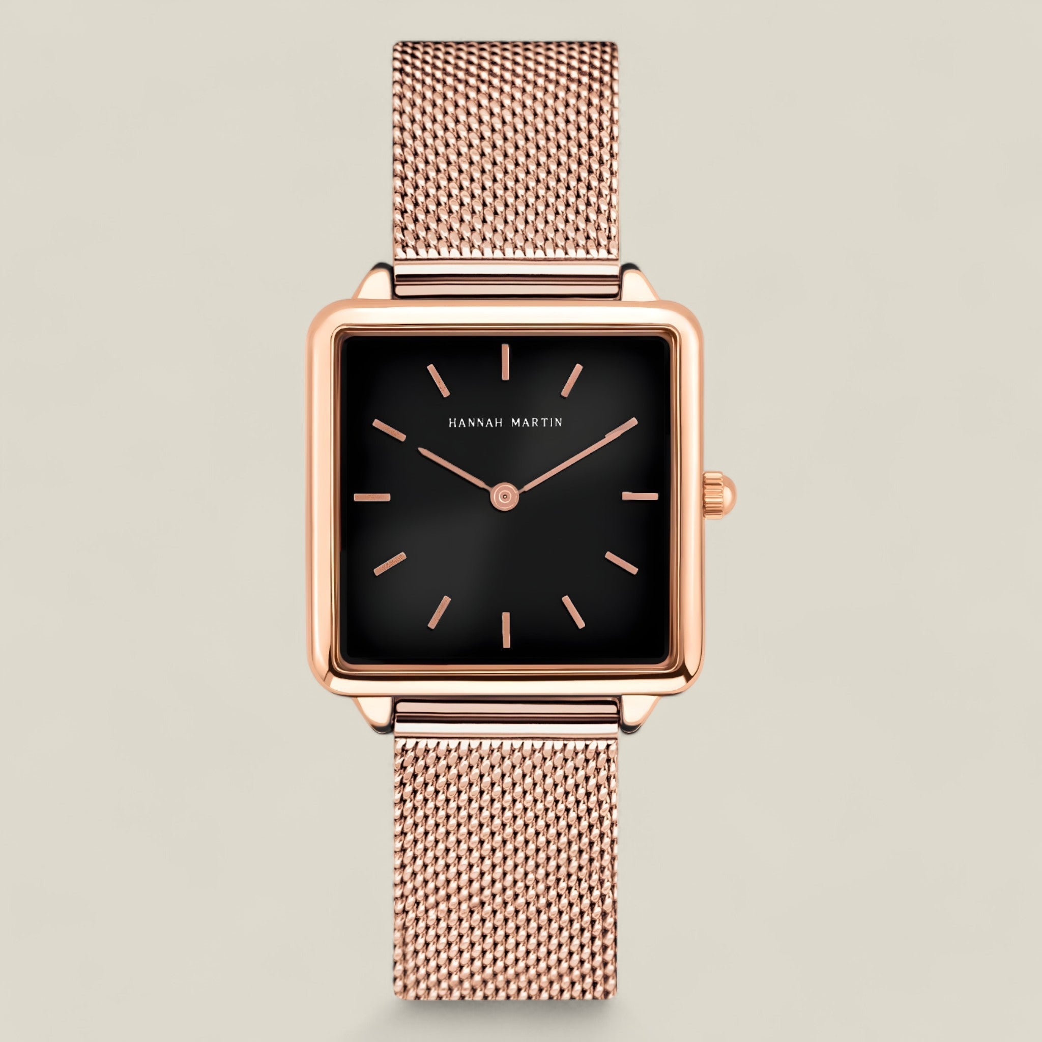 Nora - Timeless Rose Gold Square Watch with Black Dial and Mesh Strap