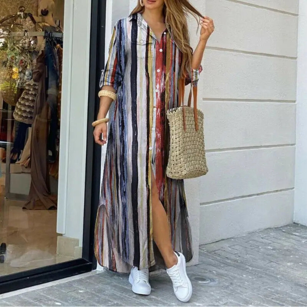 Maria – Robe chemise longue et stylée à manches longues avec fermeture boutonnée devant