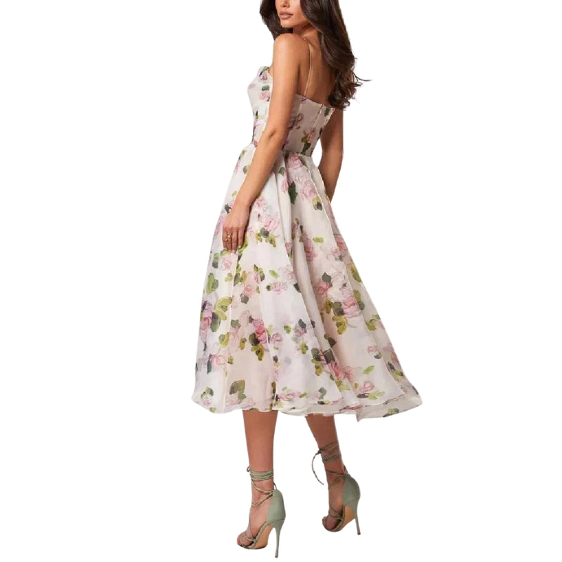 Luna - Rochie midi fără mâneci cu imprimeu floral și bretele spaghetti
