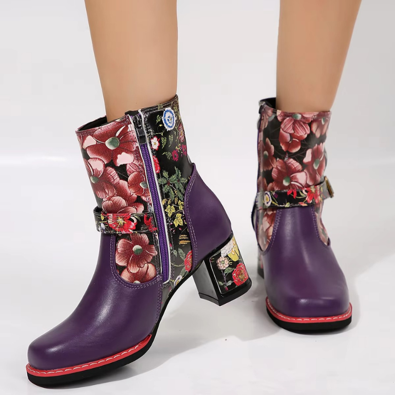 Salyra - Women's Salyra Ankle Boots | Round Toe, Floral Print, PU | Side Zip & Buckle Closure | 36–43