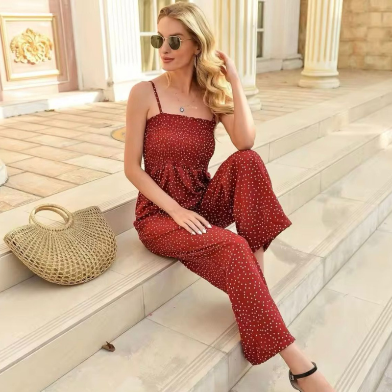 Clara – Strapless Jumpsuit with Polka Dots and Wide Legs