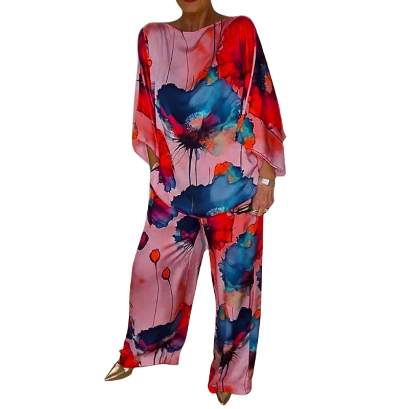 Alina – Casual Two-Piece Satin Set with Round Neck and Floral Print