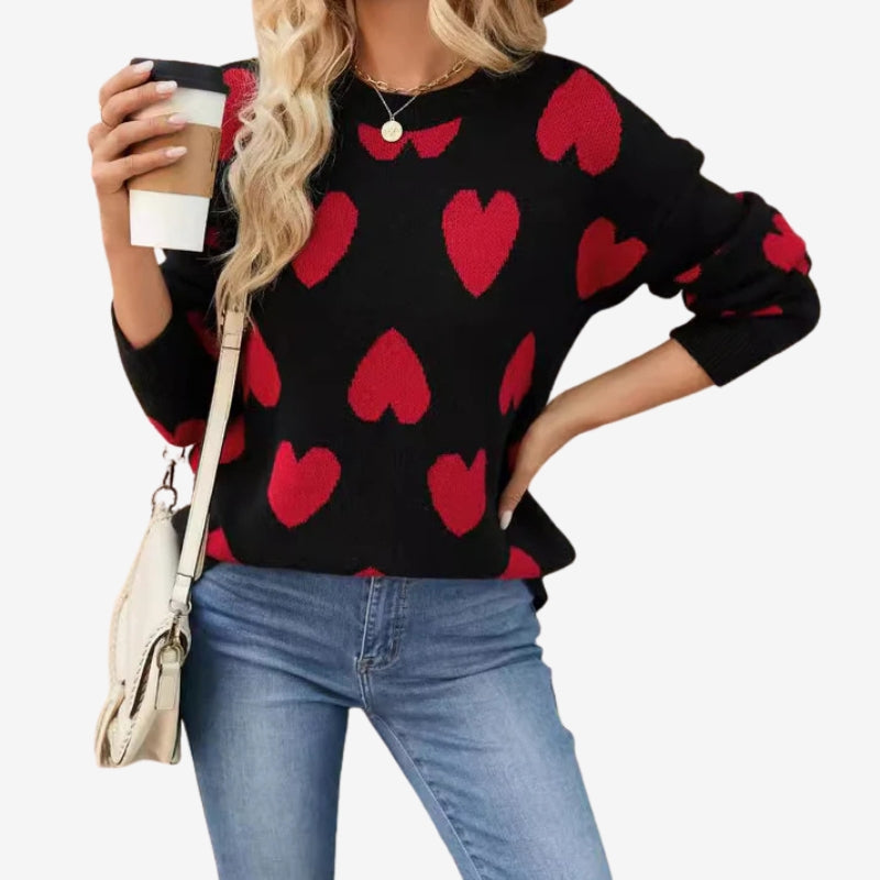 Taliah – Pulover cu mâneci lungi și model cu inimioare, guler rotund