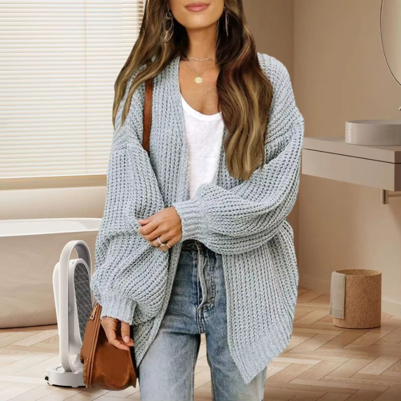 Haley – Long Sleeve Cardigan with Open Front and Ribbed Detail