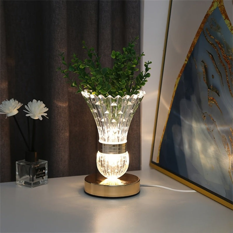 LumaBloom – Elegantná stolová lampa s kryštalickým telom v tvare vázy a okrúhlou základňou