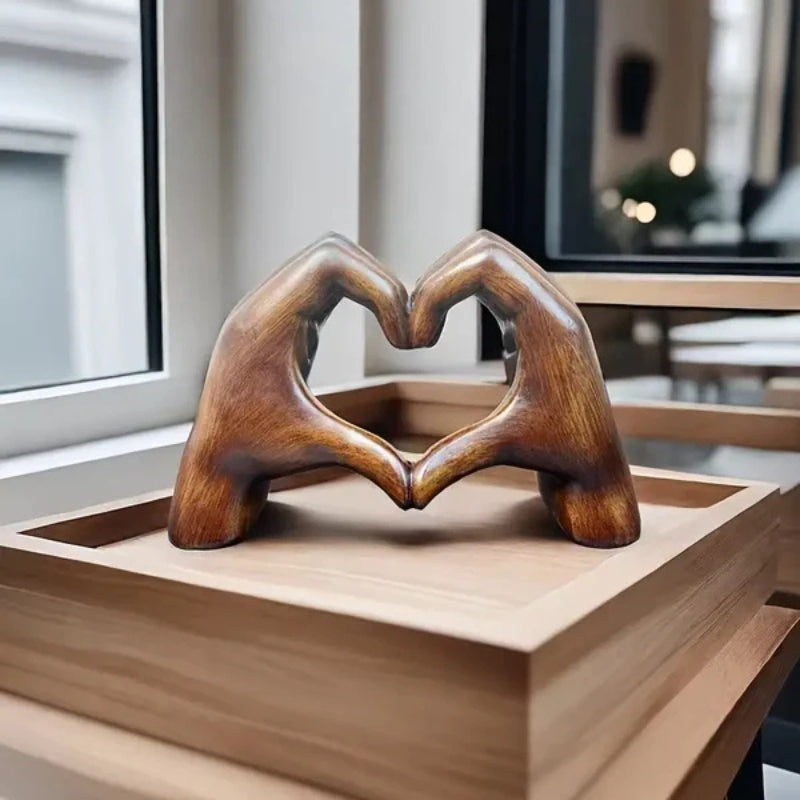 HeartGlow – Resin Heart Gesture Sculpture with Wood Grain Finish