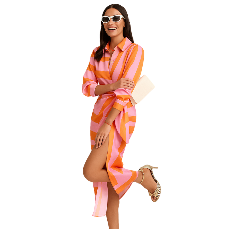 Clara – Rochie midi imprimată cu guler cămașă și mâneci scurte