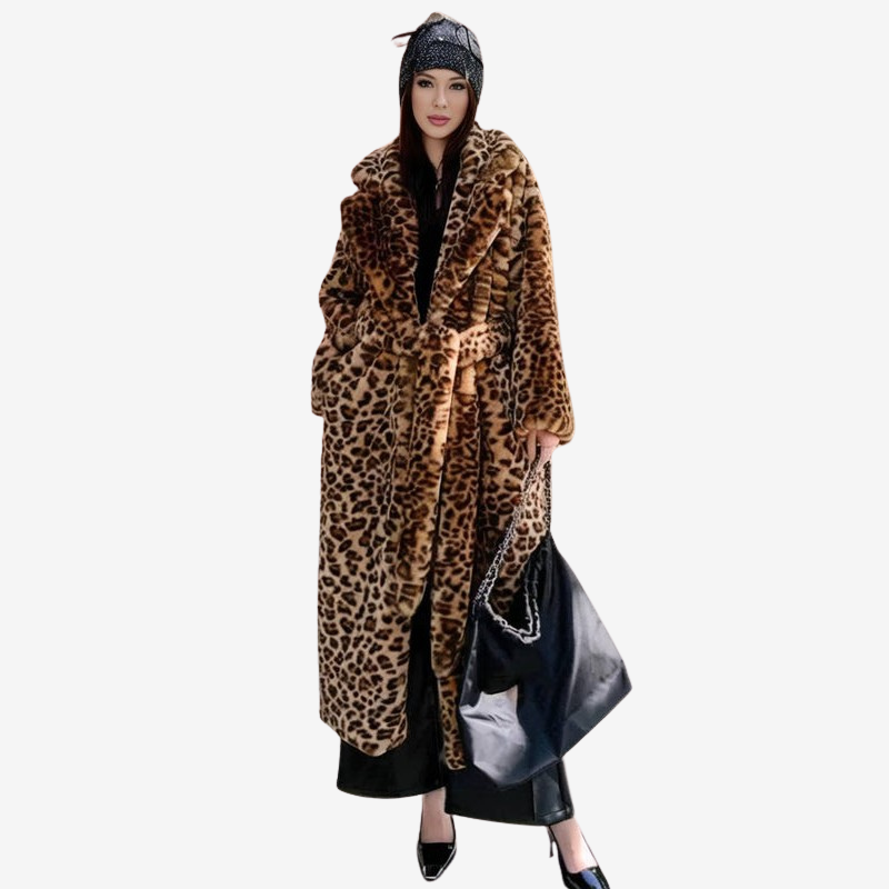 Marissa - Long Sleeve Long Coat with Leopard Print