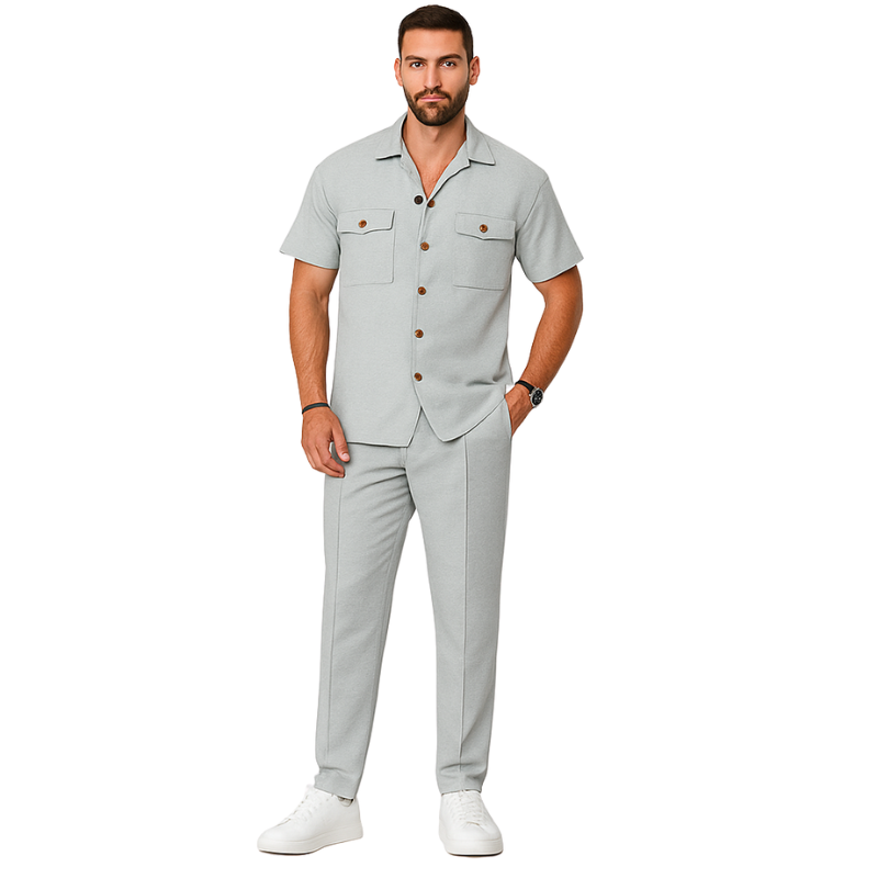 Harold – Short Sleeve Shirt 2-Piece Set with Pockets and Long Pants