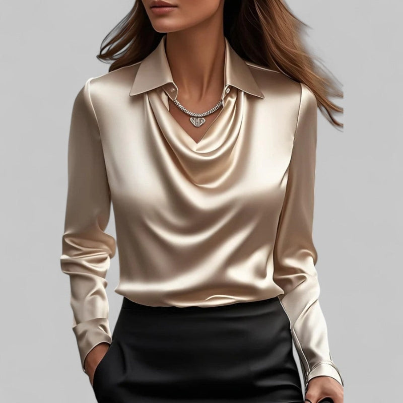 Womens Draped-Collar Long Sleeve Blouse