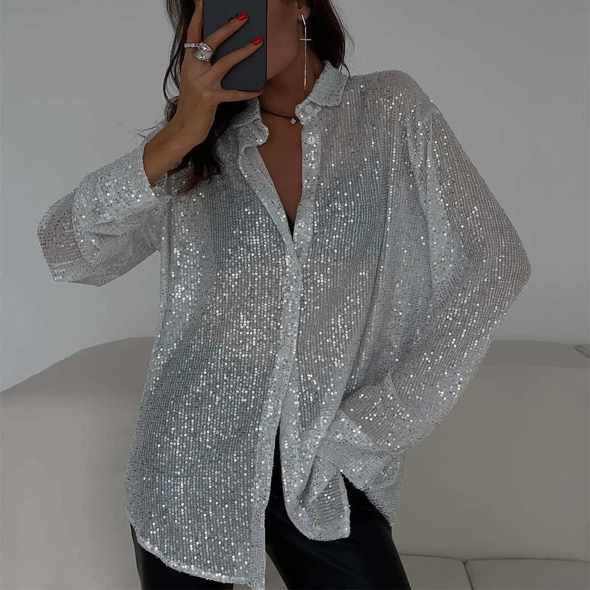 Luna - Bluza cu paiete, mâneci lungi și guler clasic