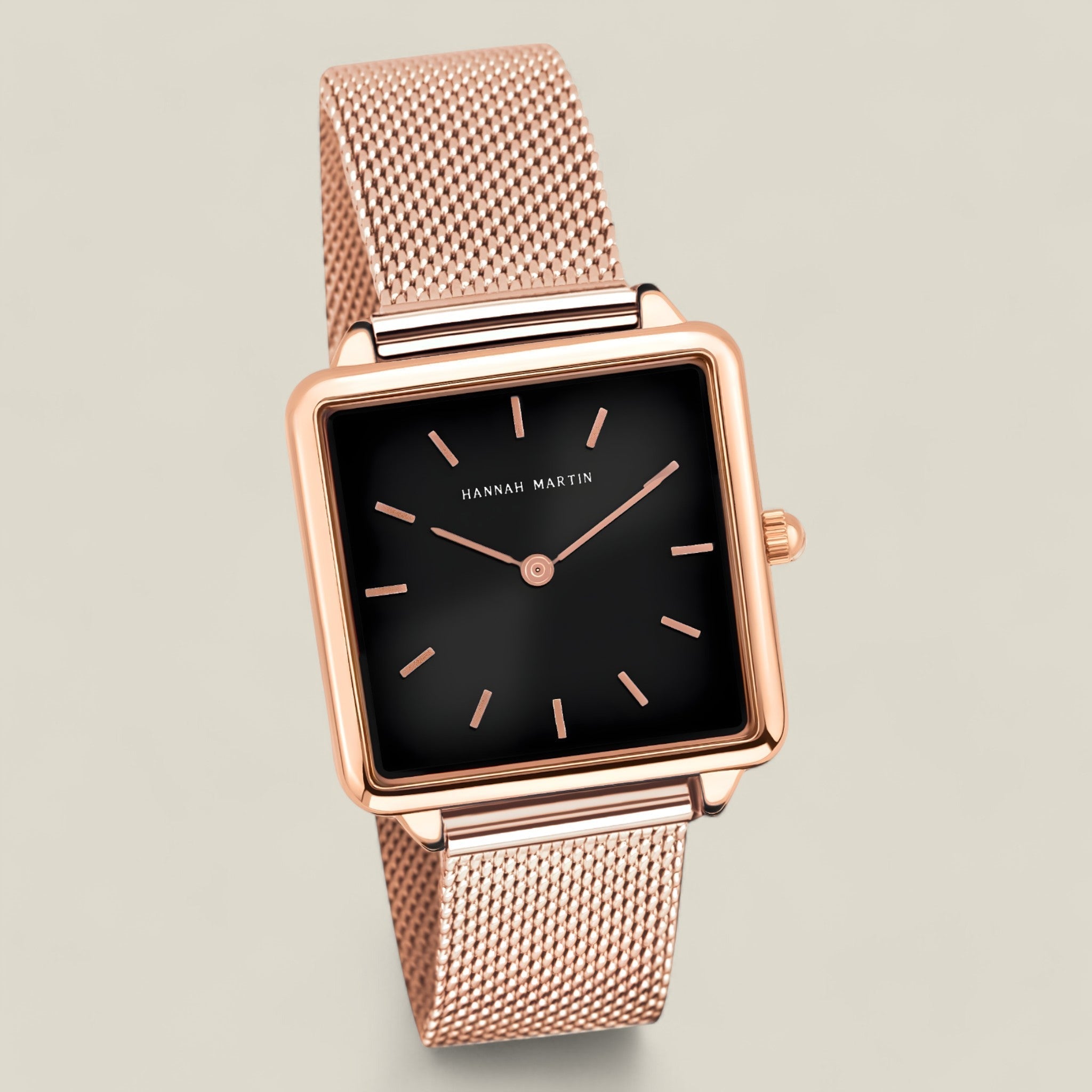 Nora - Timeless Rose Gold Square Watch with Black Dial and Mesh Strap