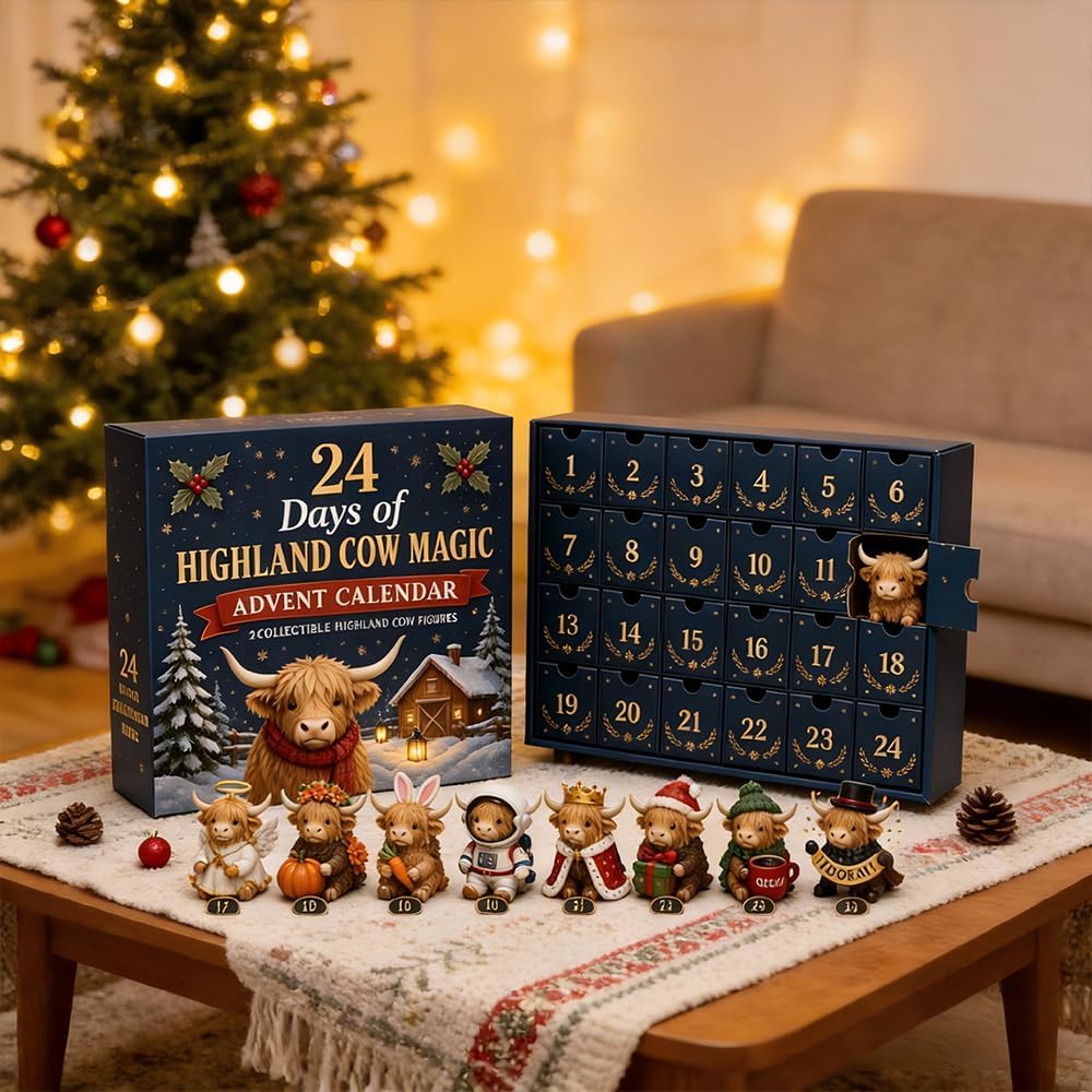 Adventní kalendář s krávou Highland Cowmerry – 24 akrylových ozdob