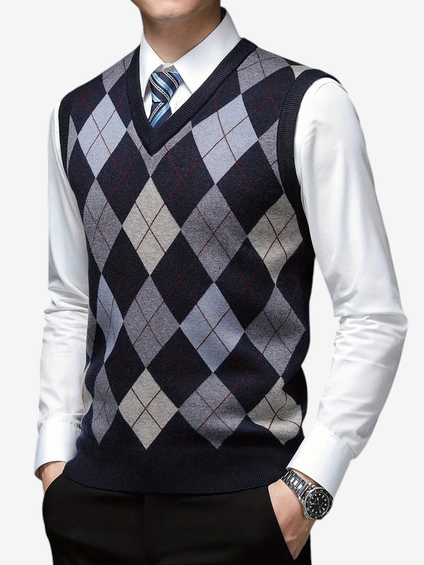 ArgyleVest – Sleeveless V-Neck Knit Pullover with Geometric Argyle Pattern