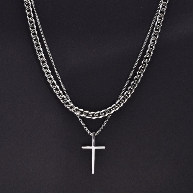 Henry - Collana elegante con ciondolo a croce stratificato e catena a corda