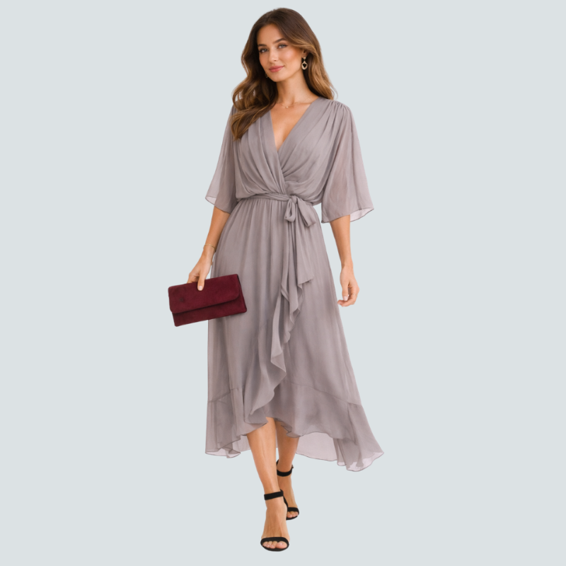 Women’s Midi Dress with V-Neck and Batwing Sleeve Design