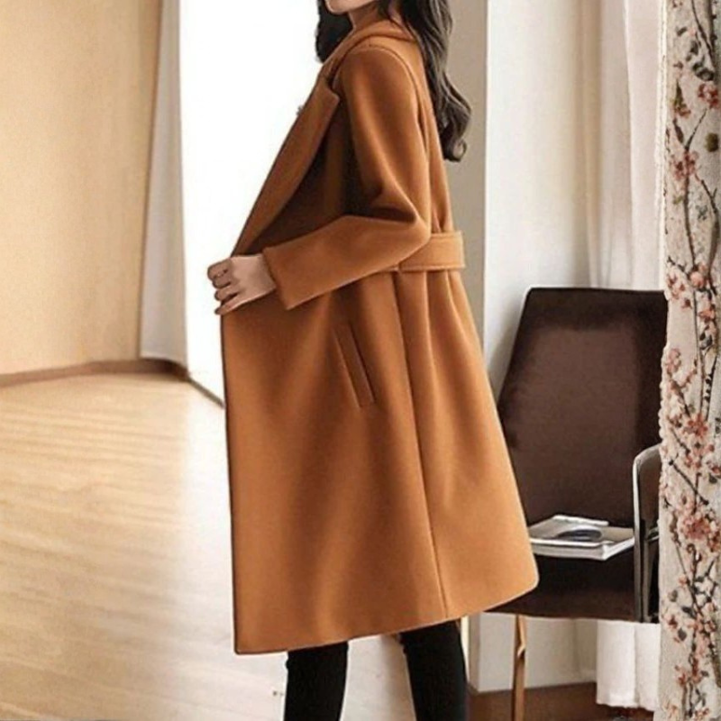 Faith - Cappotto lungo a maniche lunghe con vita con cintura e tasche laterali