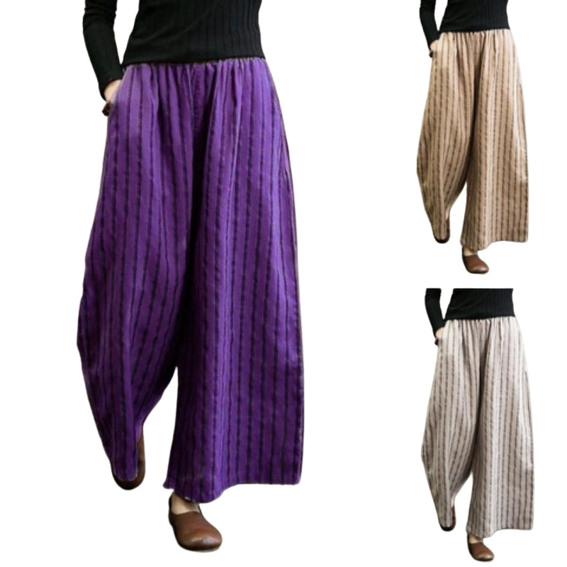 Raya – Pantaloni largi cu dungi, buzunare laterale și croială lejeră