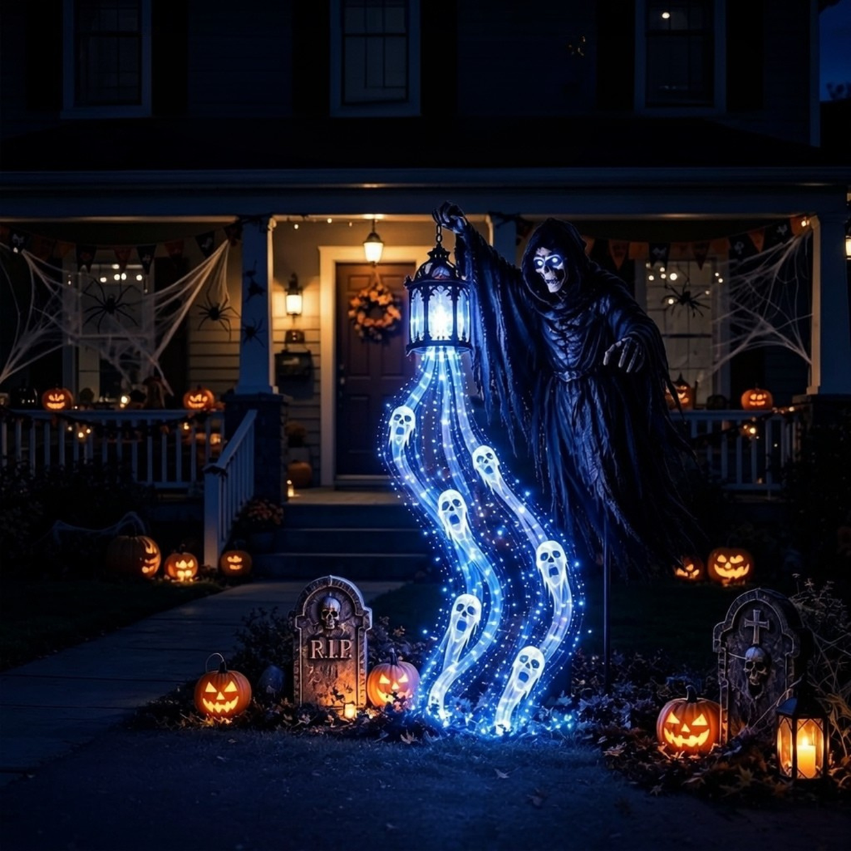 Reapora – Decorazione di Halloween con mietitore illuminato e lanterna LED