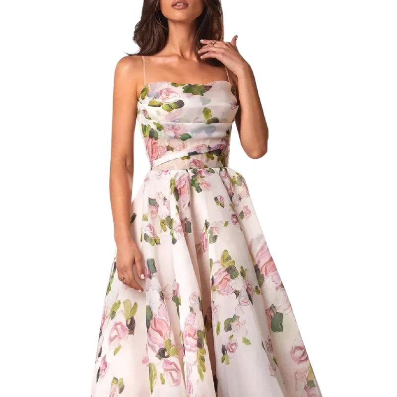 Luna - Rochie midi fără mâneci cu imprimeu floral și bretele spaghetti
