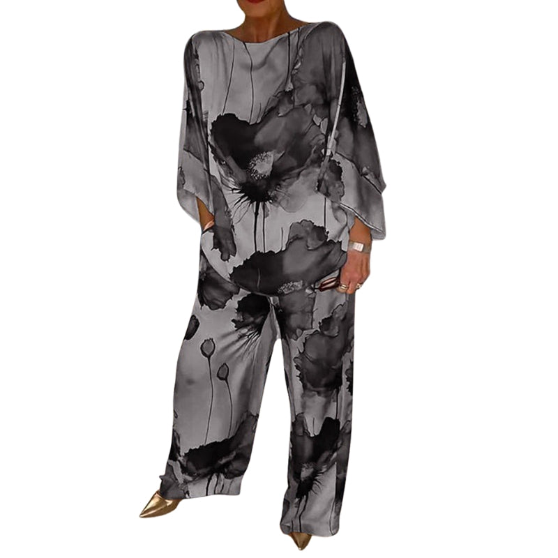 Alina – Casual Two-Piece Satin Set with Round Neck and Floral Print