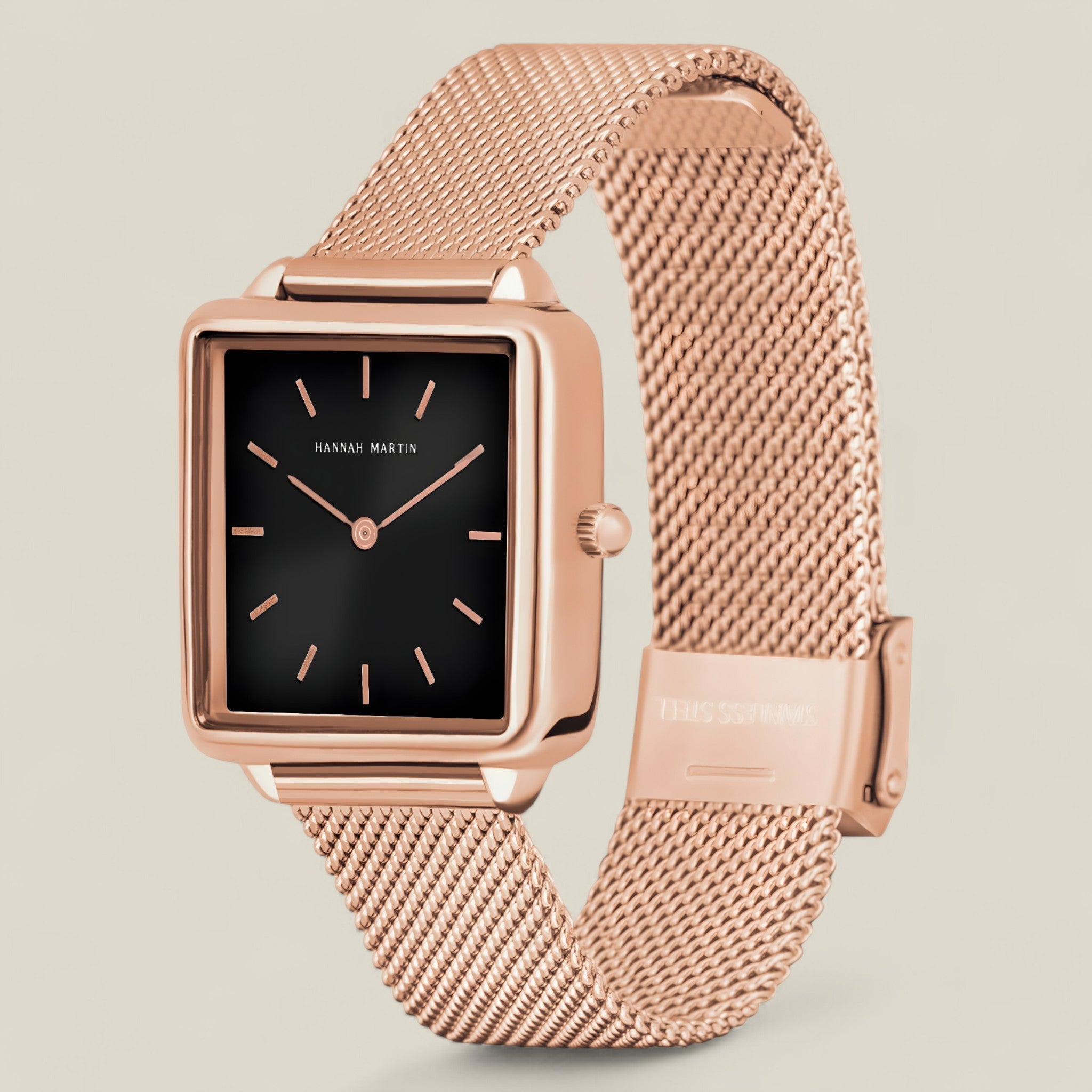 Nora - Timeless Rose Gold Square Watch with Black Dial and Mesh Strap