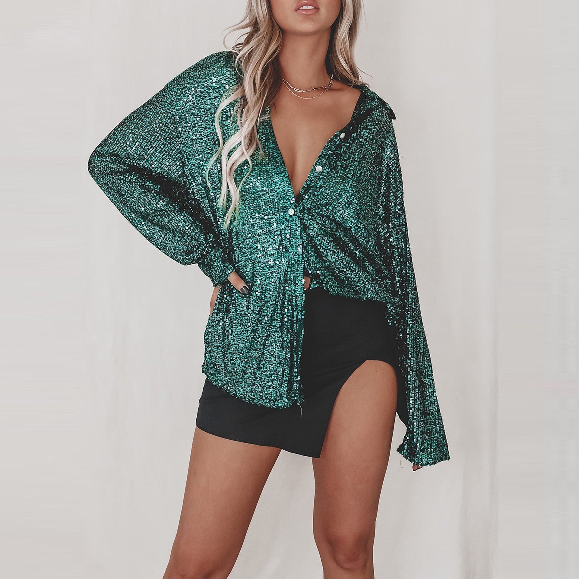 Luna - Bluza cu paiete, mâneci lungi și guler clasic