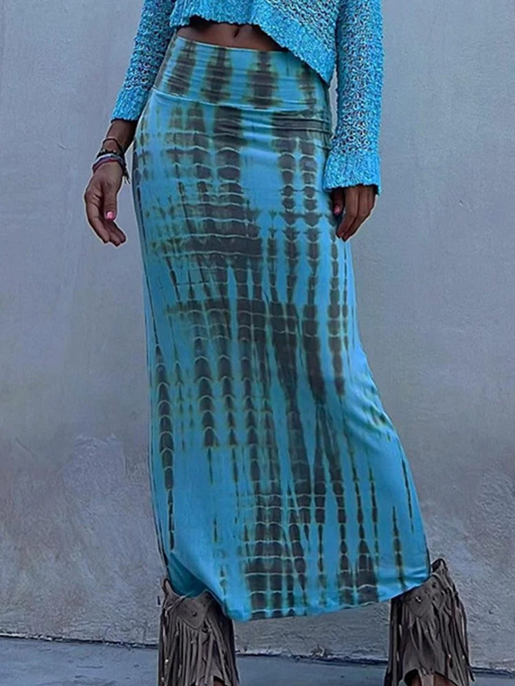 Nora – Ankle-length maxi skirt with tie-dye print and wide waistband