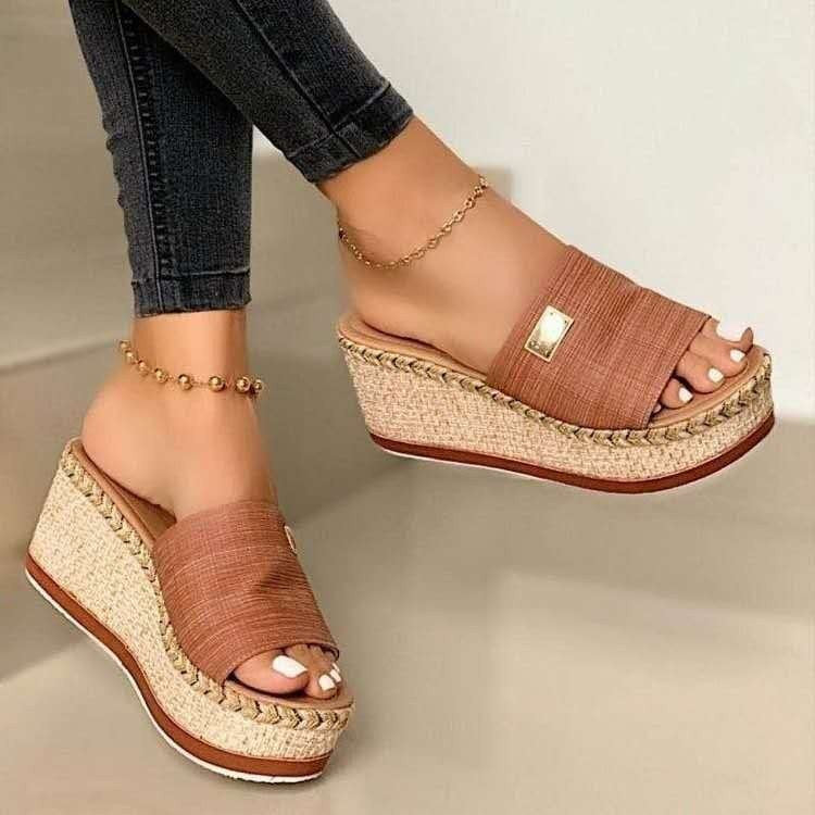 Marivelle - Raffia Wedge Mules with Wide Strap