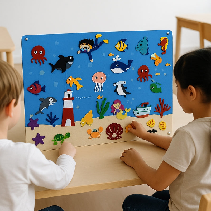 FeltScene – Set of felt boards with movable animal motif and background layout