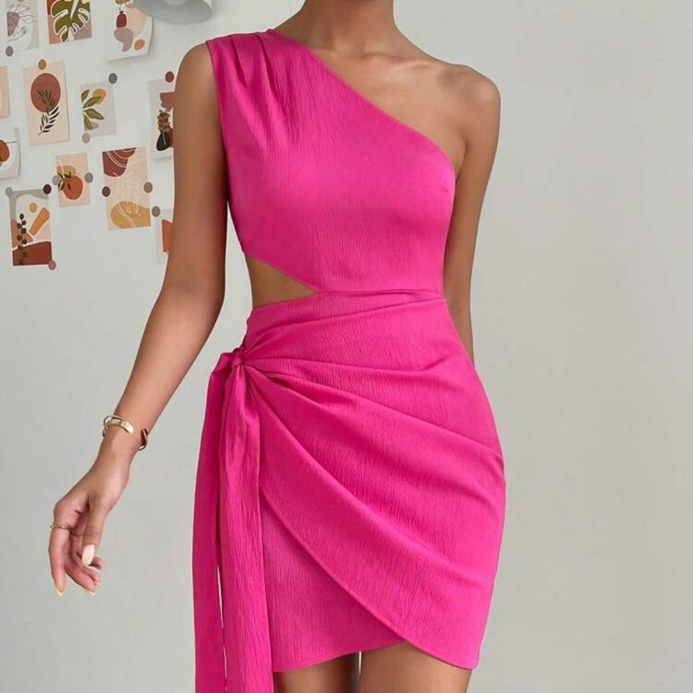 Emily - Elegancka sukienka kopertowa z jednym odsłoniętym ramieniem i wygodnym krojem
