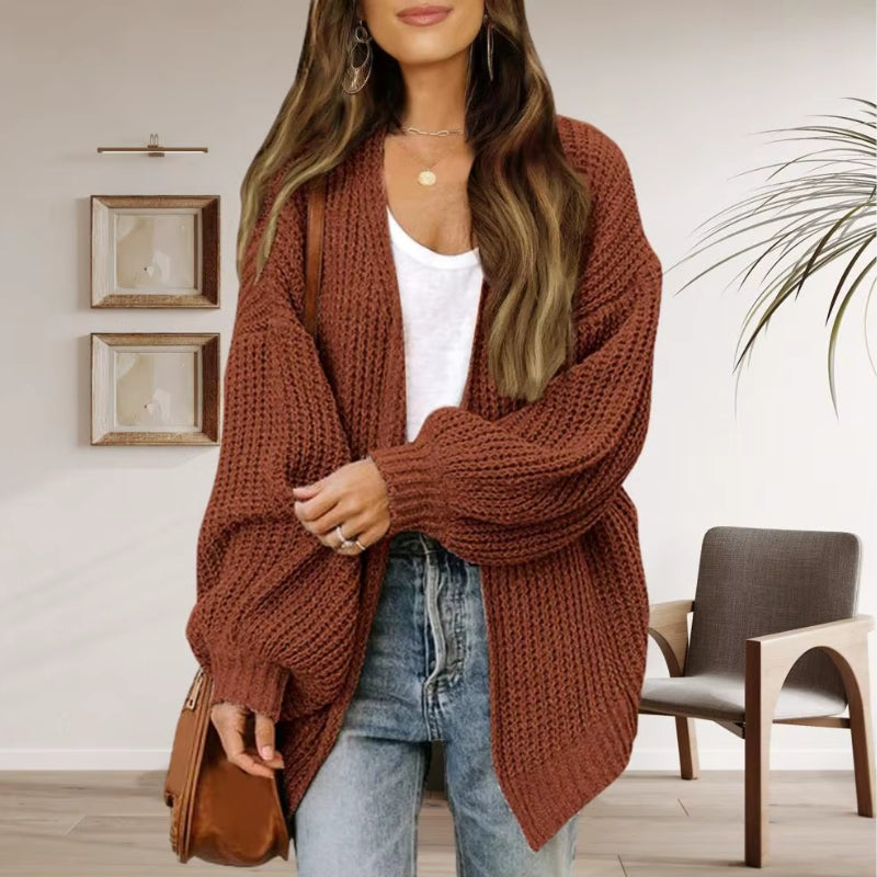 Haley – Long Sleeve Cardigan with Open Front and Ribbed Detail