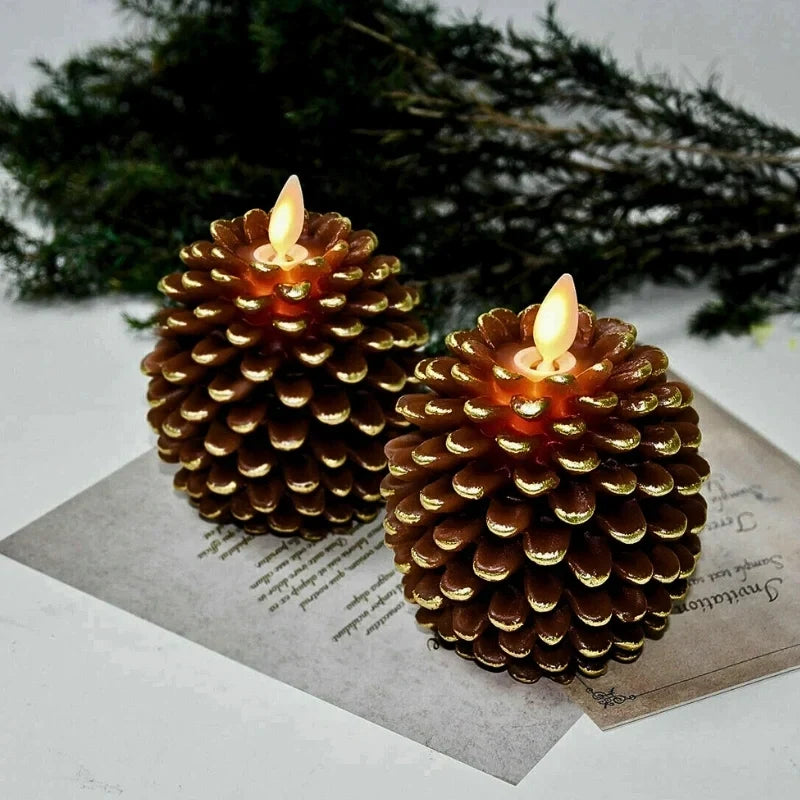 PineGlow - Lumânări decorative fără flacără, în formă de conuri de pin, cu efect de flacără LED