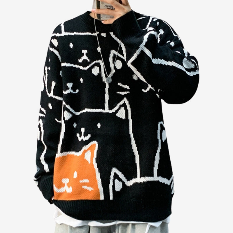 Jasper – Pull à manches longues avec motif chat et col rond
