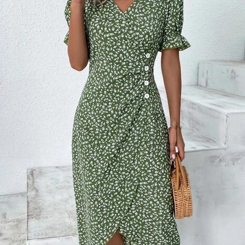 Elena – Vestito Boho Floreale con Scollo a V e Maniche a Sbuffo