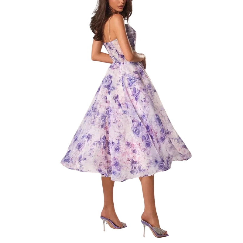 Luna - Rochie midi fără mâneci cu imprimeu floral și bretele spaghetti